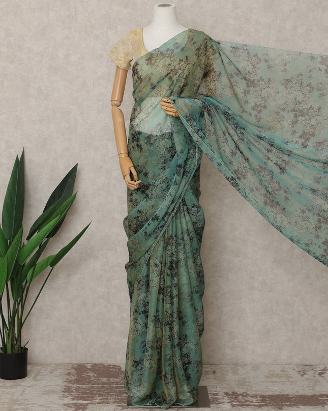 Sage Green Premium Silk Chiffon Saree with Dusty Floral Print, 5.5 Mtrs Length, 110 Cms Width, Made in South Korea-D24313 Regal Fabrics