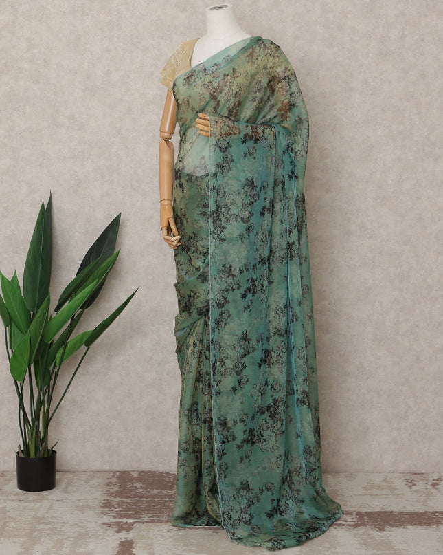 Sage Green Premium Silk Chiffon Saree with Dusty Floral Print, 5.5 Mtrs Length, 110 Cms Width, Made in South Korea-D24313 Regal Fabrics