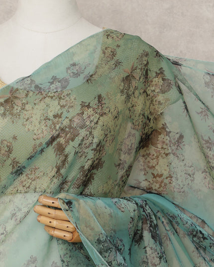 Sage Green Premium Silk Chiffon Saree with Dusty Floral Print, 5.5 Mtrs Length, 110 Cms Width, Made in South Korea-D24313