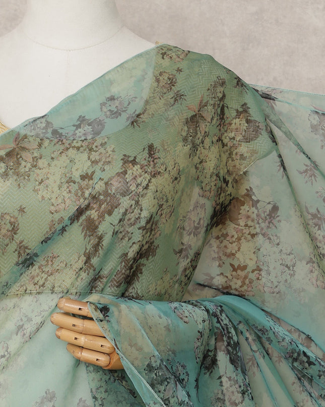 Sage Green Premium Silk Chiffon Saree with Dusty Floral Print, 5.5 Mtrs Length, 110 Cms Width, Made in South Korea-D24313 Regal Fabrics