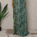Sage Green Premium Silk Chiffon Saree with Dusty Floral Print, 5.5 Mtrs Length, 110 Cms Width, Made in South Korea-D24313