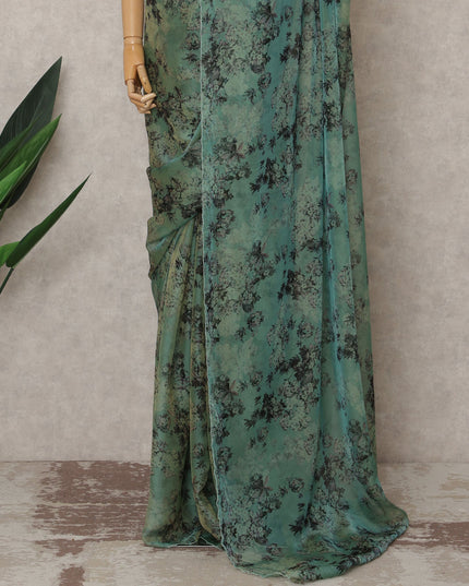 Sage Green Premium Silk Chiffon Saree with Dusty Floral Print, 5.5 Mtrs Length, 110 Cms Width, Made in South Korea-D24313