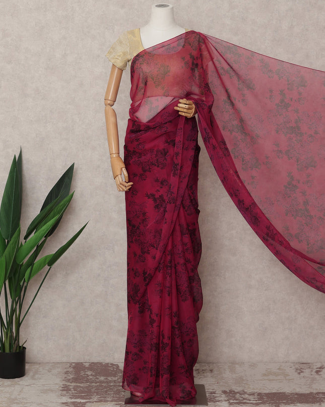 Wine Red Premium Silk Chiffon Saree with Black Floral Print, 5.5 Mtrs Length, 110 Cms Width, Made in South Korea-D24314