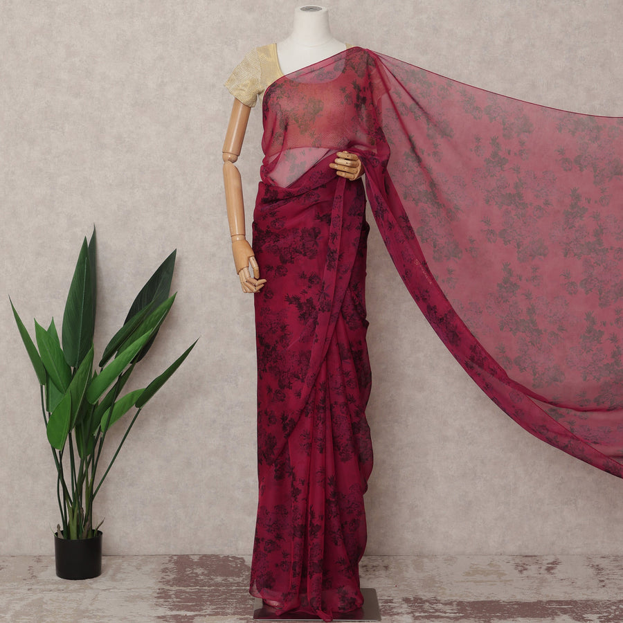 Wine Red Premium Silk Chiffon Saree with Black Floral Print, 5.5 Mtrs Length, 110 Cms Width, Made in South Korea-D24314
