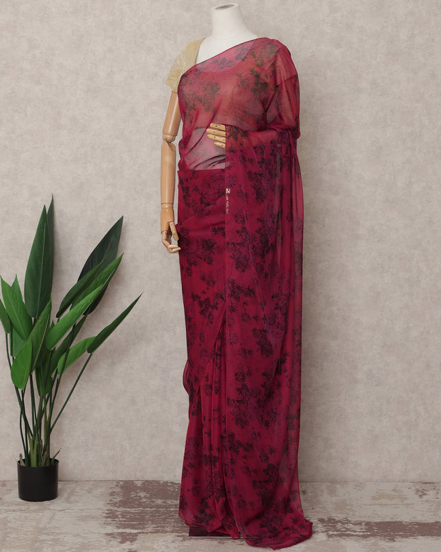 Wine Red Premium Silk Chiffon Saree with Black Floral Print, 5.5 Mtrs Length, 110 Cms Width, Made in South Korea-D24314