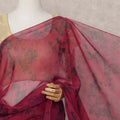 Wine Red Premium Silk Chiffon Saree with Black Floral Print, 5.5 Mtrs Length, 110 Cms Width, Made in South Korea-D24314