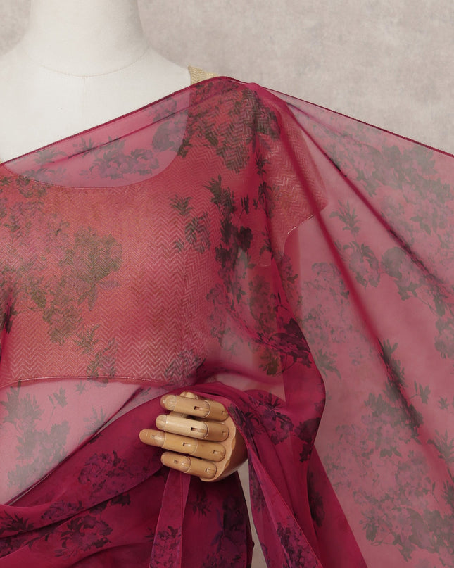 Wine Red Premium Silk Chiffon Saree with Black Floral Print, 5.5 Mtrs Length, 110 Cms Width, Made in South Korea-D24314