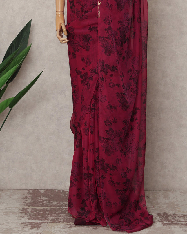 Wine Red Premium Silk Chiffon Saree with Black Floral Print, 5.5 Mtrs Length, 110 Cms Width, Made in South Korea-D24314
