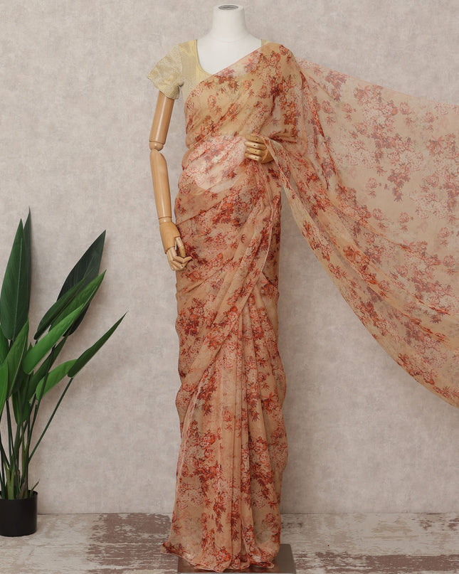 Beige Premium Silk Chiffon Saree with Red Floral Print, 5.5 Mtrs Length, 110 Cms Width, Made in South Korea-D24315