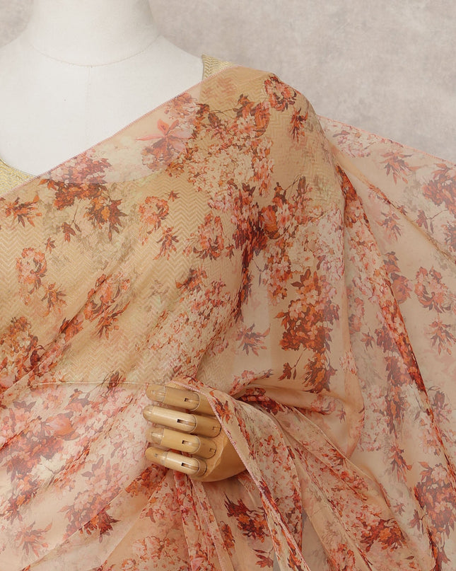 Beige Premium Silk Chiffon Saree with Red Floral Print, 5.5 Mtrs Length, 110 Cms Width, Made in South Korea-D24315