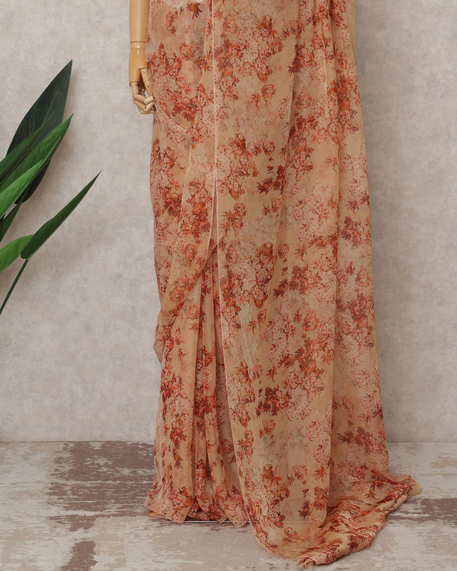Beige Premium Silk Chiffon Saree with Red Floral Print, 5.5 Mtrs Length, 110 Cms Width, Made in South Korea-D24315