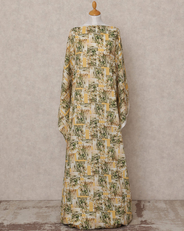 Beige Green Abstract Print Somali Dirac Cotton Voile Fabric, 3.5 Mtrs, Width 150 Cms, Made in India-D24594