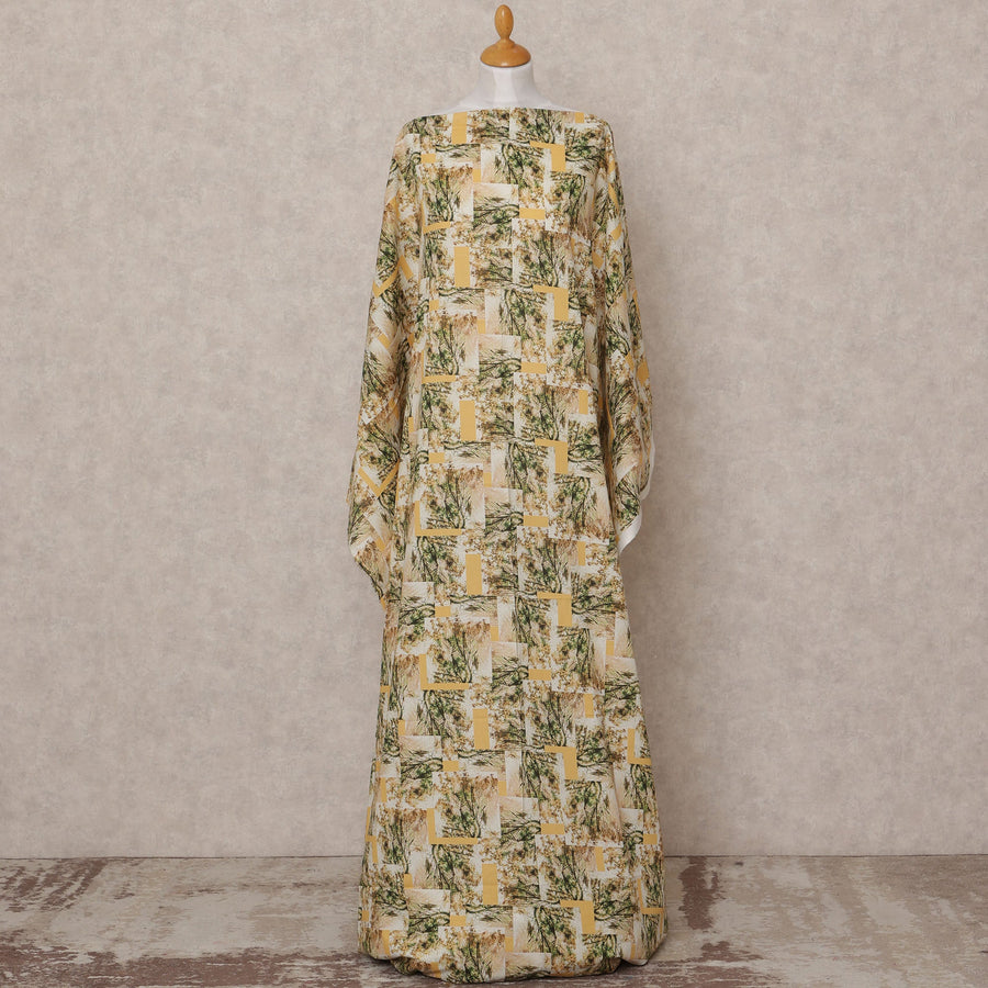 Beige Green Abstract Print Somali Dirac Cotton Voile Fabric, 3.5 Mtrs, Width 150 Cms, Made in India-D24594