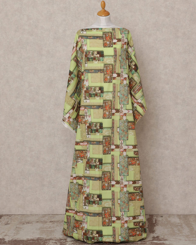 Light Green Multi-Color Geometric Patchwork Somali Dirac Cotton Voile Fabric, 3.5 Mtrs, Width 150 Cms, Made in India-D24595