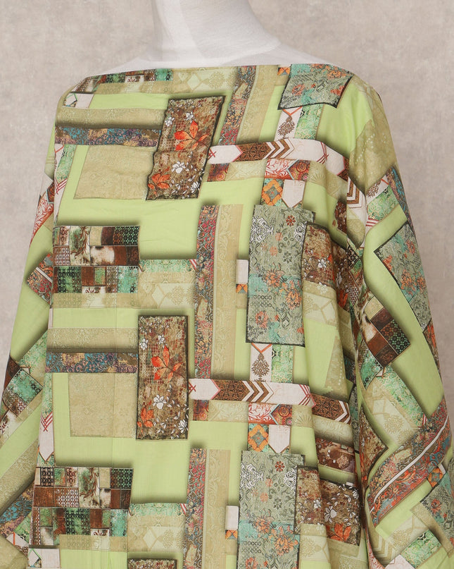 Light Green Multi-Color Geometric Patchwork Somali Dirac Cotton Voile Fabric, 3.5 Mtrs, Width 150 Cms, Made in India-D24595