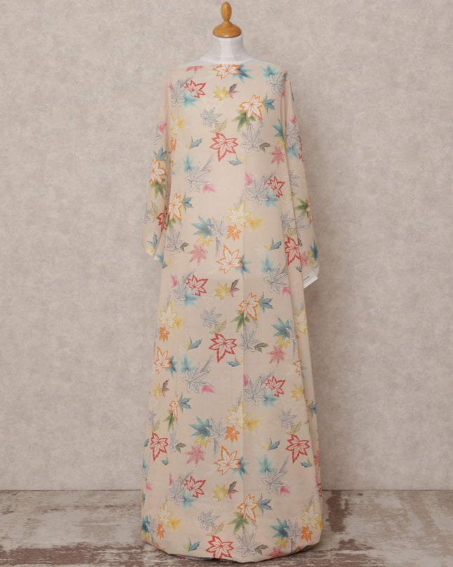 Beige Multi-Color Leaf Print Somali Dirac Cotton Voile Fabric, 3.5 Mtrs, Width 140 Cms, Made in Switzerland-D24602