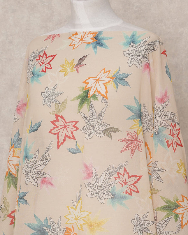 Beige Multi-Color Leaf Print Somali Dirac Cotton Voile Fabric, 3.5 Mtrs, Width 140 Cms, Made in Switzerland-D24602
