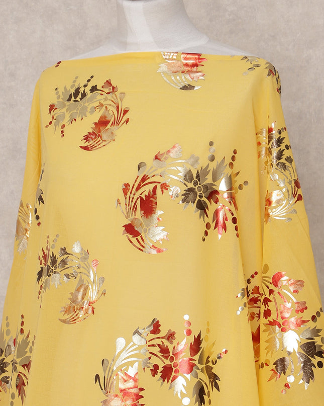 Yellow Floral Metallic Somali Dirac Cotton Voile Fabric, 3.5 Mtrs, Width 150 Cms, Made in India-D24603 Regal Fabrics