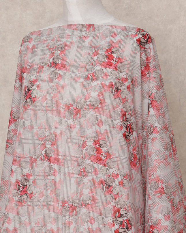 Grey Pink Floral Somali Dirac Cotton Voile Fabric, 3.5 Mtrs, Width 150 Cms, Made in India-D24604