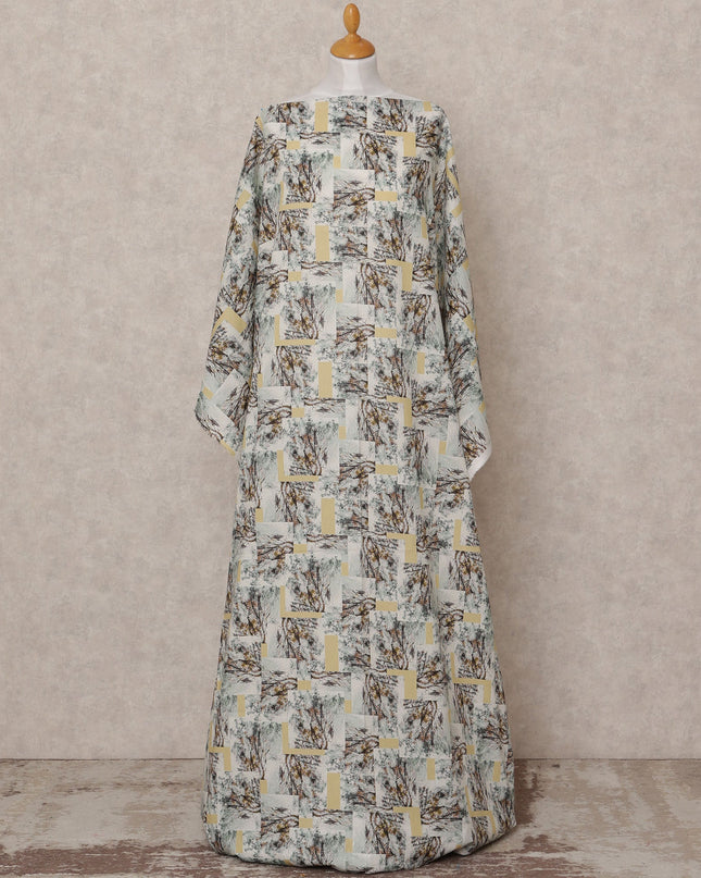 White Yellow Abstract Print Somali Dirac Cotton Voile Fabric, 3.5 Mtrs, Width 150 Cms, Made in India-D24605