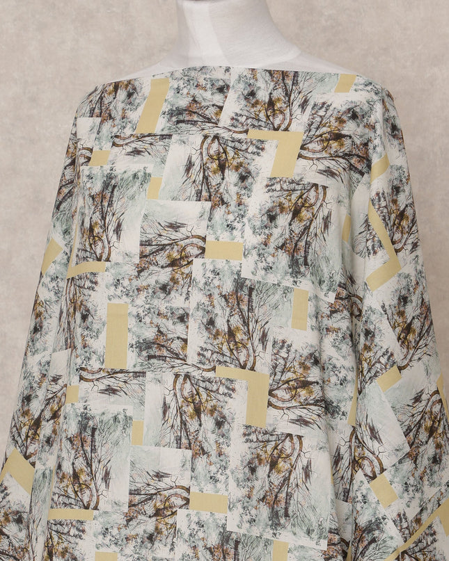 White Yellow Abstract Print Somali Dirac Cotton Voile Fabric, 3.5 Mtrs, Width 150 Cms, Made in India-D24605