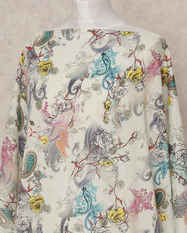 White Multi-Color Paisley Floral Somali Dirac Cotton Voile Fabric, 3.5 Mtrs, Width 150 Cms, Made in India-D24607