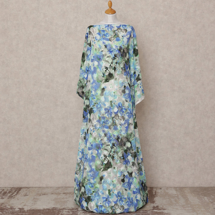 Blue Green Floral Somali Dirac Cotton Voile Fabric, 3.5 Mtrs, Width 150 Cms, Made in Italy-D24608