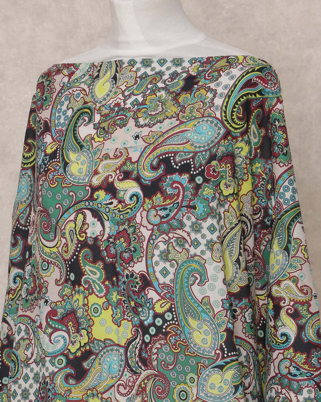 Black Green Multi-Color Paisley Somali Dirac Cotton Voile Fabric, 3.5 Mtrs, Width 150 Cms, Made in India-D24609
