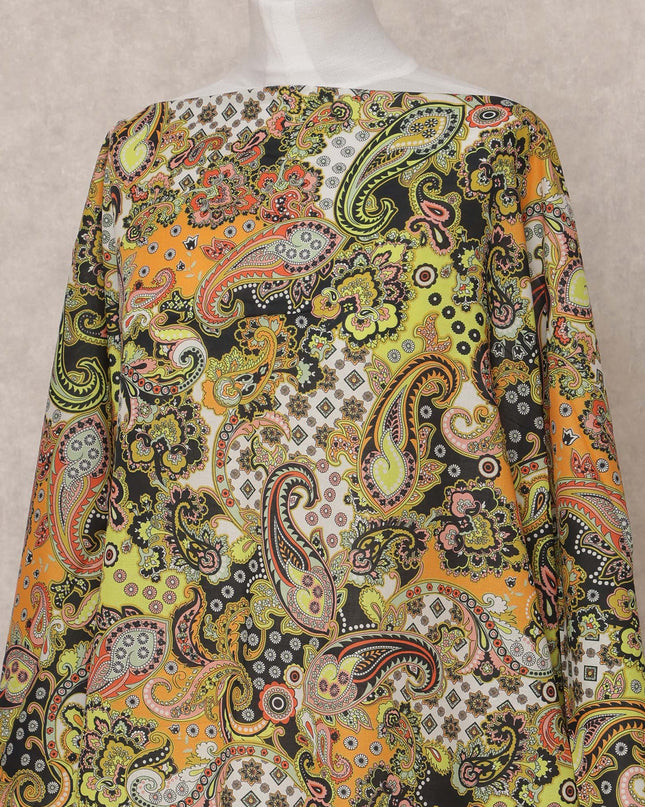 Yellow Orange Multi-Color Paisley Somali Dirac Cotton Voile Fabric, 3.5 Mtrs, Width 150 Cms, Made in India-D24610