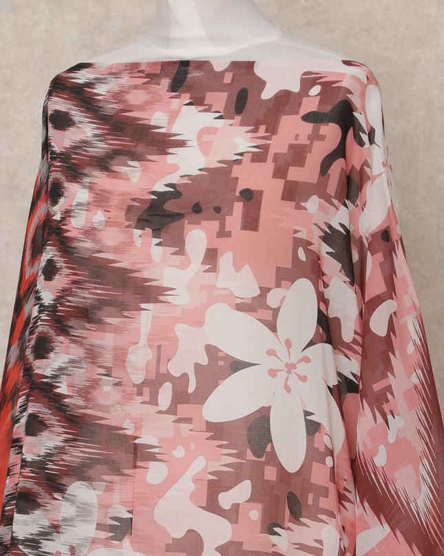 Pink White Brown Floral Geometric Somali Dirac Cotton Voile Fabric, 3.5 Mtrs, Width 150 Cms, Made in India-D24612