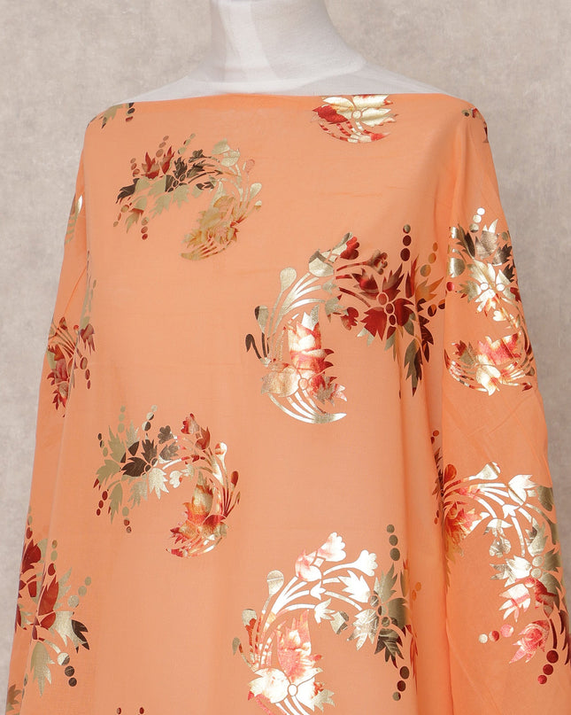 Peach Gold Floral Somali Dirac Cotton Voile Fabric, 3.5 Mtrs, Width 150 Cms, Made in India-D24615 Regal Fabrics