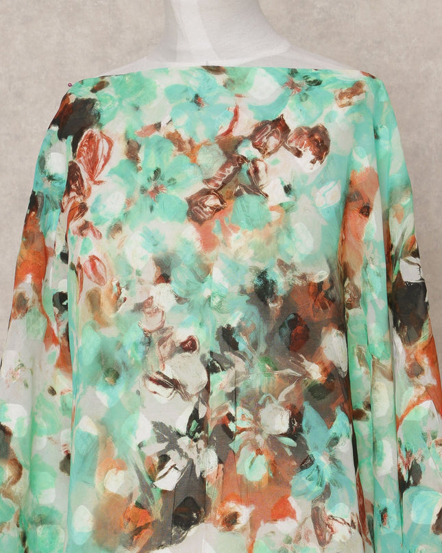 Mint Brown Floral Somali Dirac Cotton Voile Fabric, 3.5 Mtrs, Width 150 Cms, Made in Ital-D24618