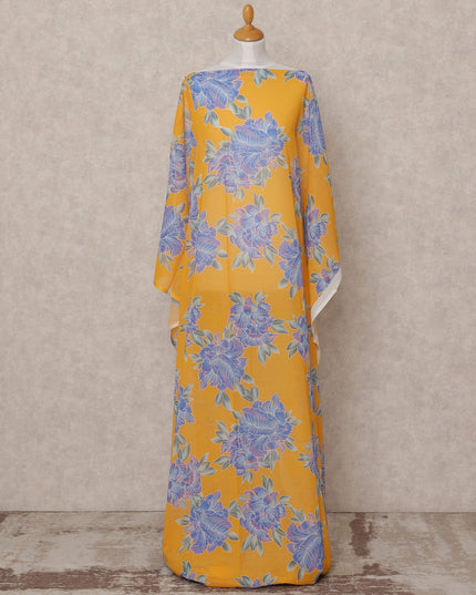Mustard Blue Floral Somali Dirac Cotton Voile Fabric, 3.5 Mtrs, Width 150 Cms, Made in Italy-D24619