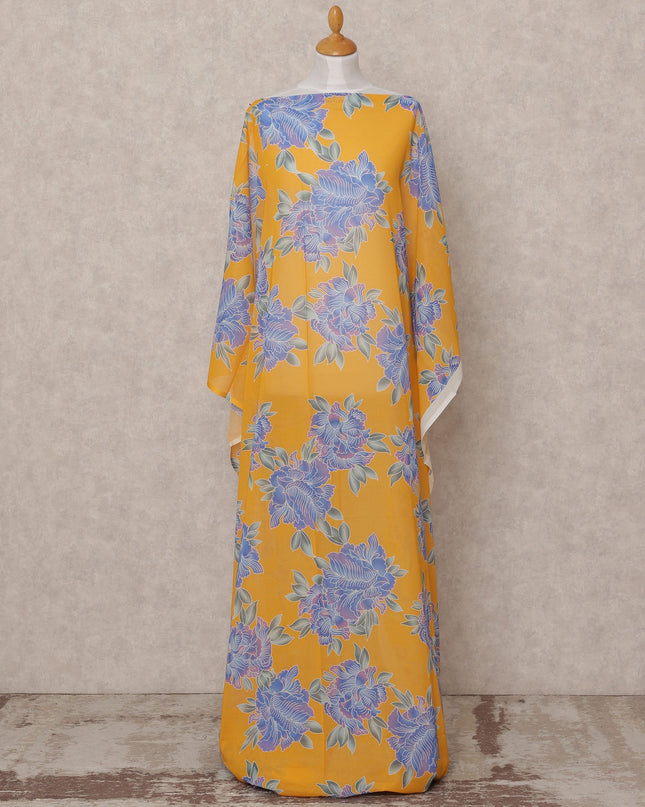 Mustard Blue Floral Somali Dirac Cotton Voile Fabric, 3.5 Mtrs, Width 150 Cms, Made in Italy-D24619