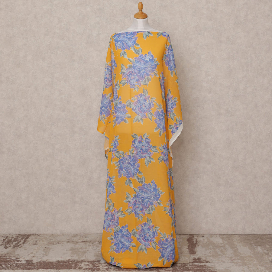 Mustard Blue Floral Somali Dirac Cotton Voile Fabric, 3.5 Mtrs, Width 150 Cms, Made in Italy-D24619