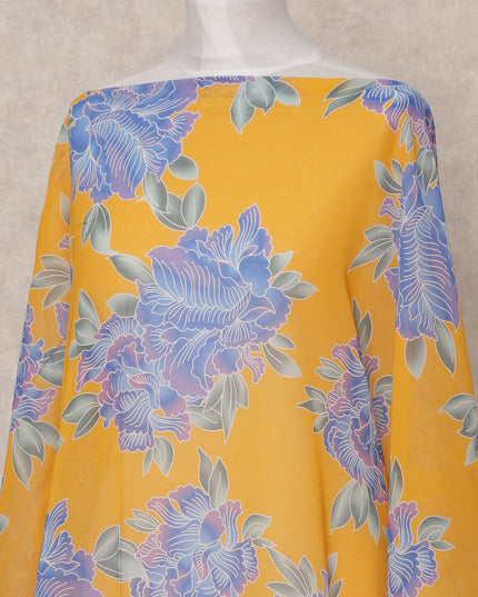 Mustard Blue Floral Somali Dirac Cotton Voile Fabric, 3.5 Mtrs, Width 150 Cms, Made in Italy-D24619