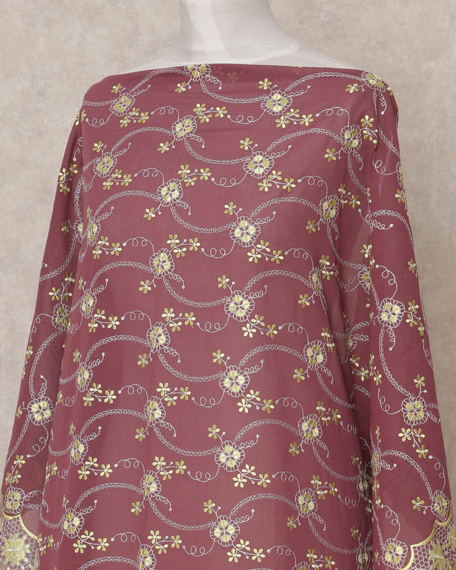 Maroon Gold Embroidered Somali Dirac Cotton Voile Fabric, 3.5 Mtrs, Width 140 Cms, Made in Switzerland-D24620