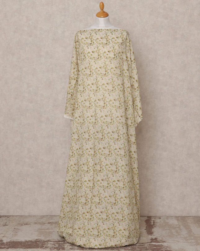Cream Green Floral Somali Dirac Cotton Voile Fabric, 3.5 Mtrs, Width 150 Cms, Made in India-D24624