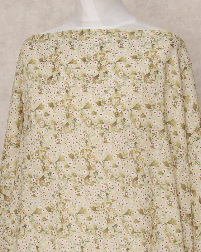 Cream Green Floral Somali Dirac Cotton Voile Fabric, 3.5 Mtrs, Width 150 Cms, Made in India-D24624