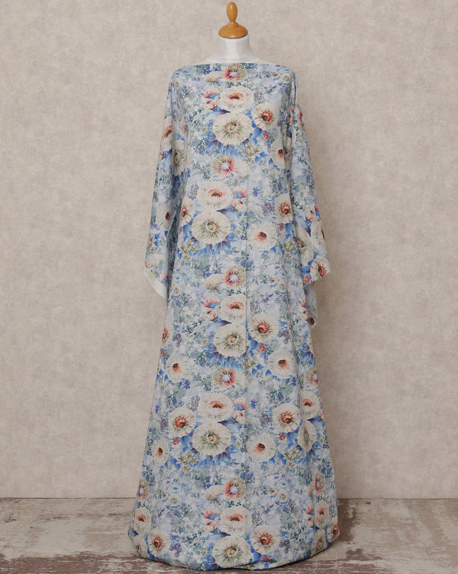 Light Blue Floral Somali Dirac Cotton Voile Fabric, 3.5 Mtrs, Width 150 Cms, Made in India-D24626