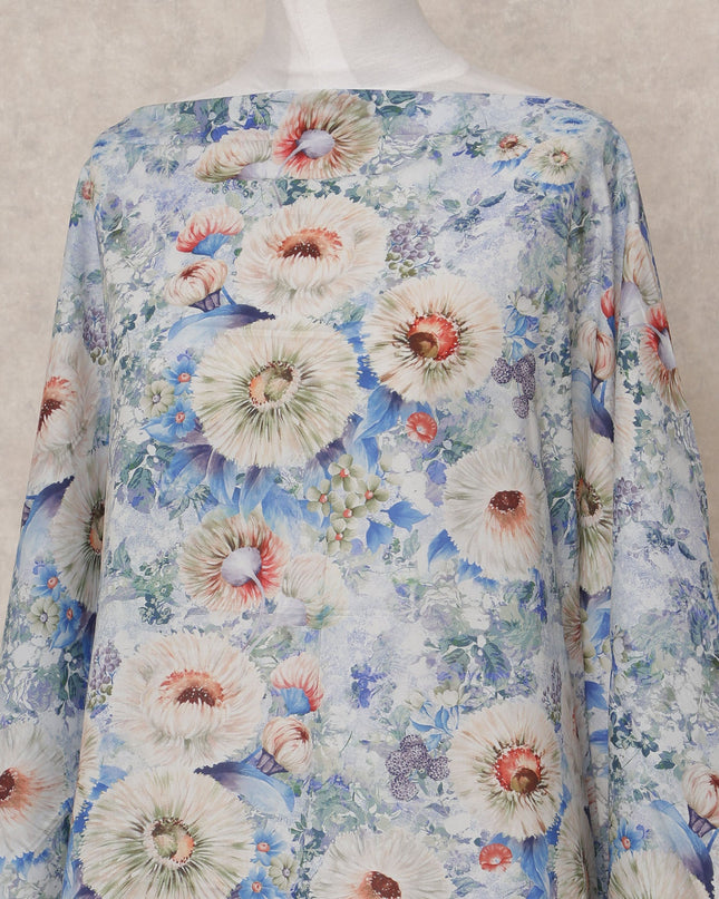 Light Blue Floral Somali Dirac Cotton Voile Fabric, 3.5 Mtrs, Width 150 Cms, Made in India-D24626