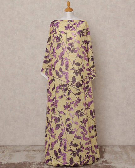 Yellow Purple Leaf Print Somali Dirac Cotton Voile Fabric, 3.5 Mtrs, Width 150 Cms, Made in Italy-D24628