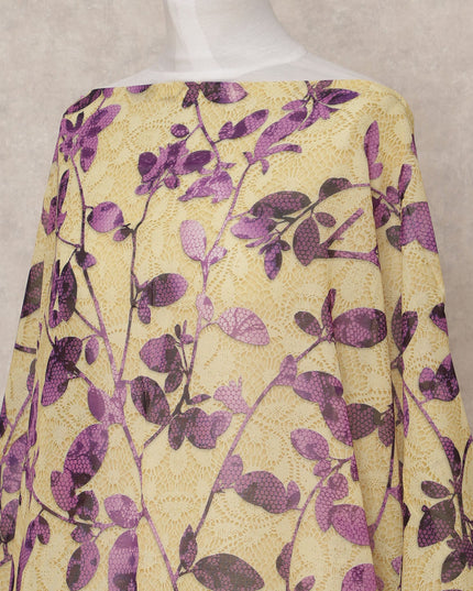 Yellow Purple Leaf Print Somali Dirac Cotton Voile Fabric, 3.5 Mtrs, Width 150 Cms, Made in Italy-D24628
