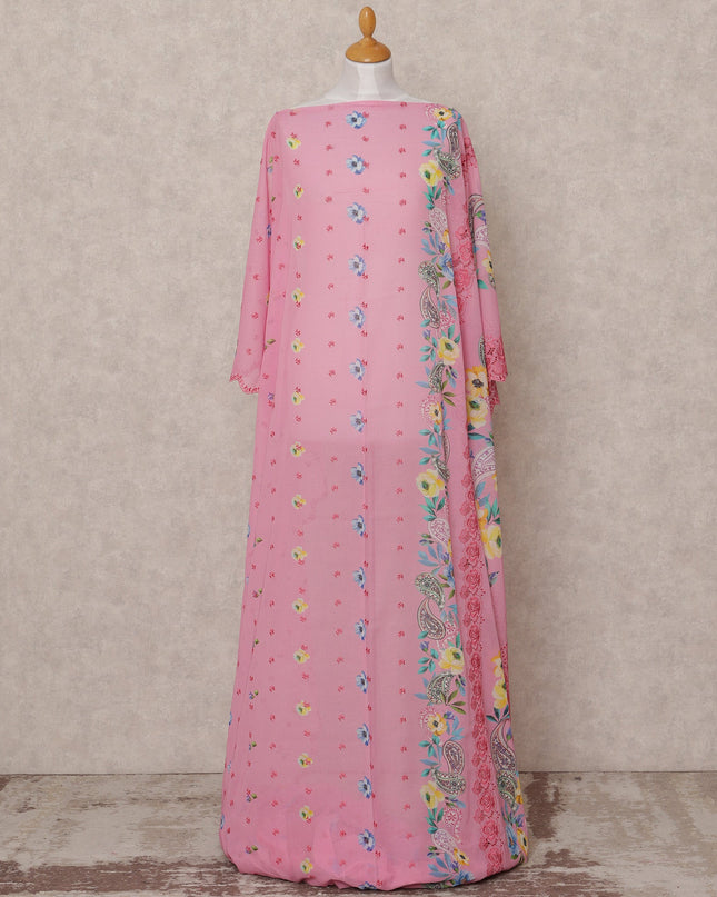 Pink Floral Border Somali Dirac Cotton Voile Fabric, 3.5 Mtrs, Width 140 Cms, Made in Switzerland-D24629