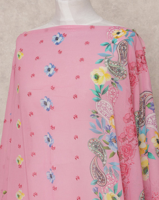 Pink Floral Border Somali Dirac Cotton Voile Fabric, 3.5 Mtrs, Width 140 Cms, Made in Switzerland-D24629