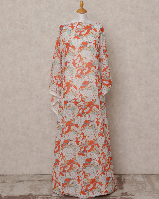 Orange White Floral Somali Dirac Cotton Voile Fabric, 3.5 Mtrs, Width 150 Cms, Made in Italy-D24631 Regal Fabrics