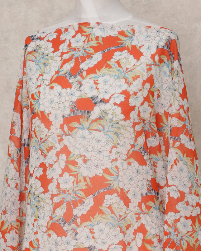 Orange White Floral Somali Dirac Cotton Voile Fabric, 3.5 Mtrs, Width 150 Cms, Made in Italy-D24631 Regal Fabrics
