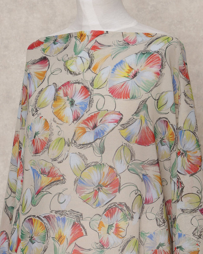 Beige Multicolor Floral Somali Dirac Cotton Voile Fabric, 3.5 Mtrs, Width 150 Cms, Made in Italy-D24632