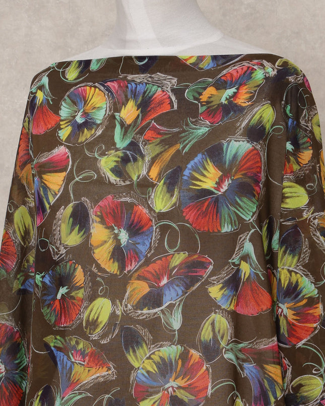 Brown Multicolor Floral Somali Dirac Cotton Voile Fabric, 3.5 Mtrs, Width 150 Cms, Made in Italy-D24634