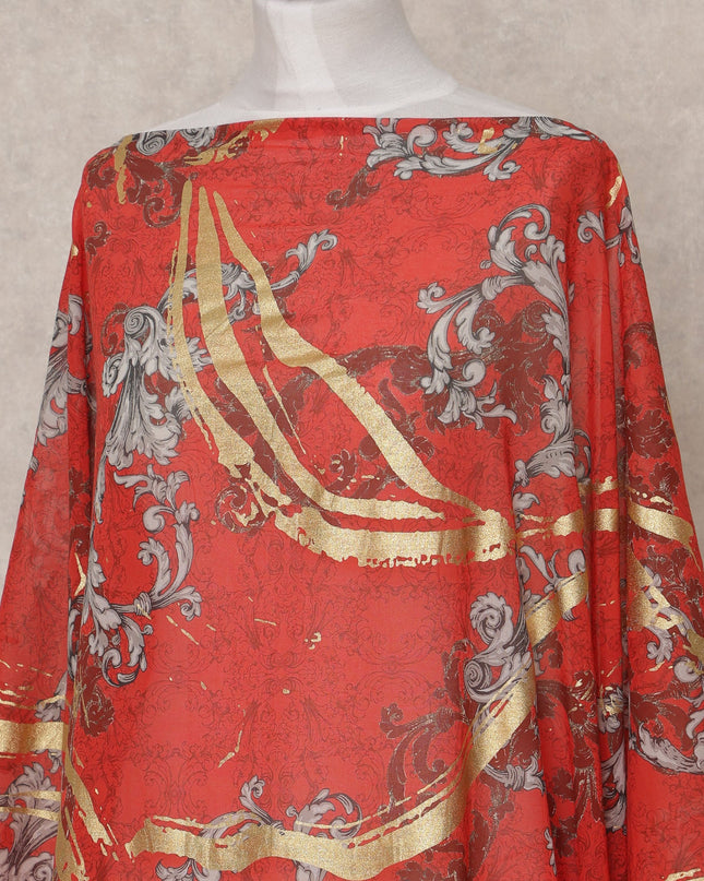 Red Gold Grey Abstract Somali Dirac Cotton Voile Fabric, 3.5 Mtrs, Width 150 Cms, Made in Italy-D24635